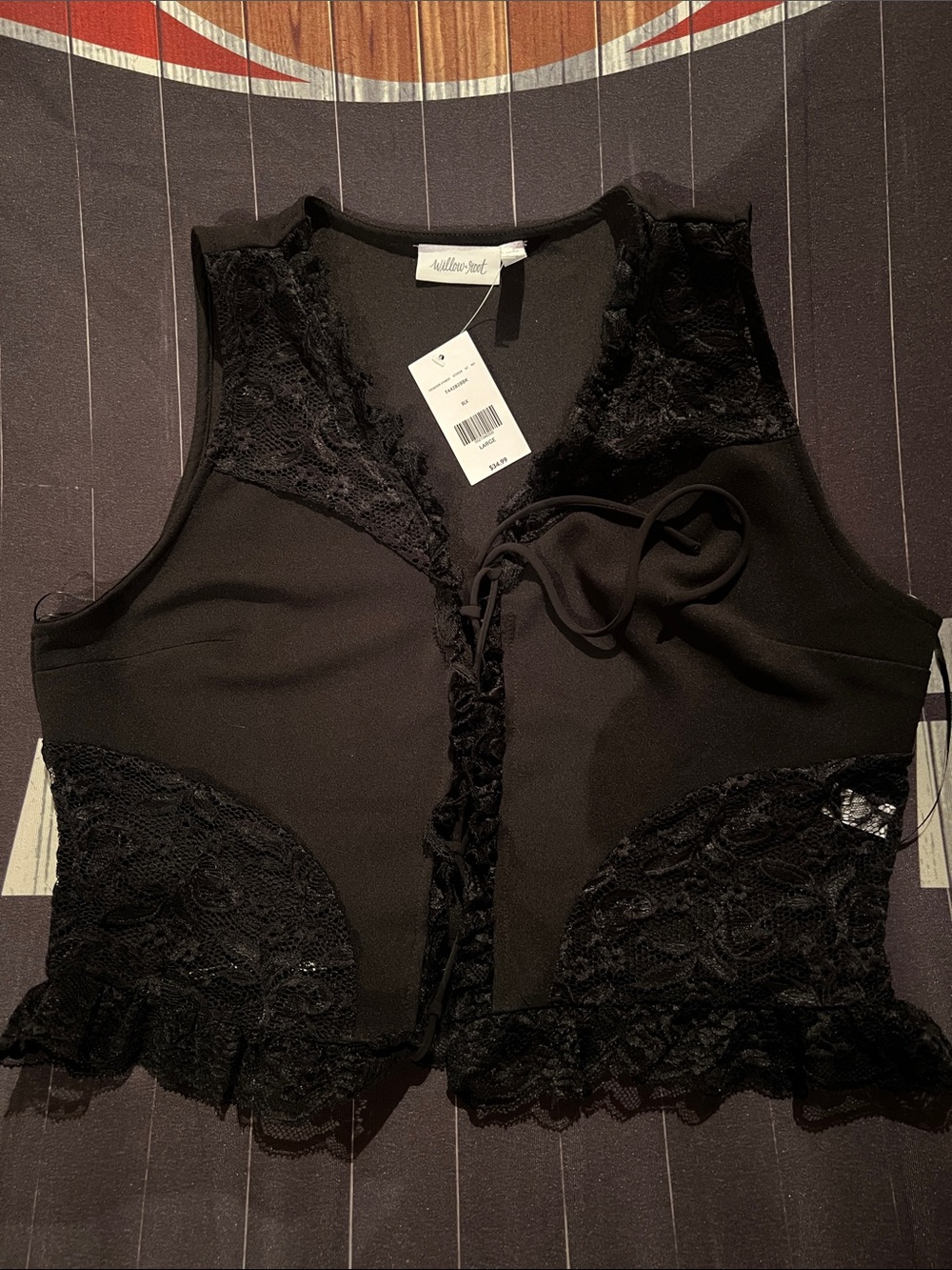 Willow Black Lace-Trim Lace-Up Crop Vest